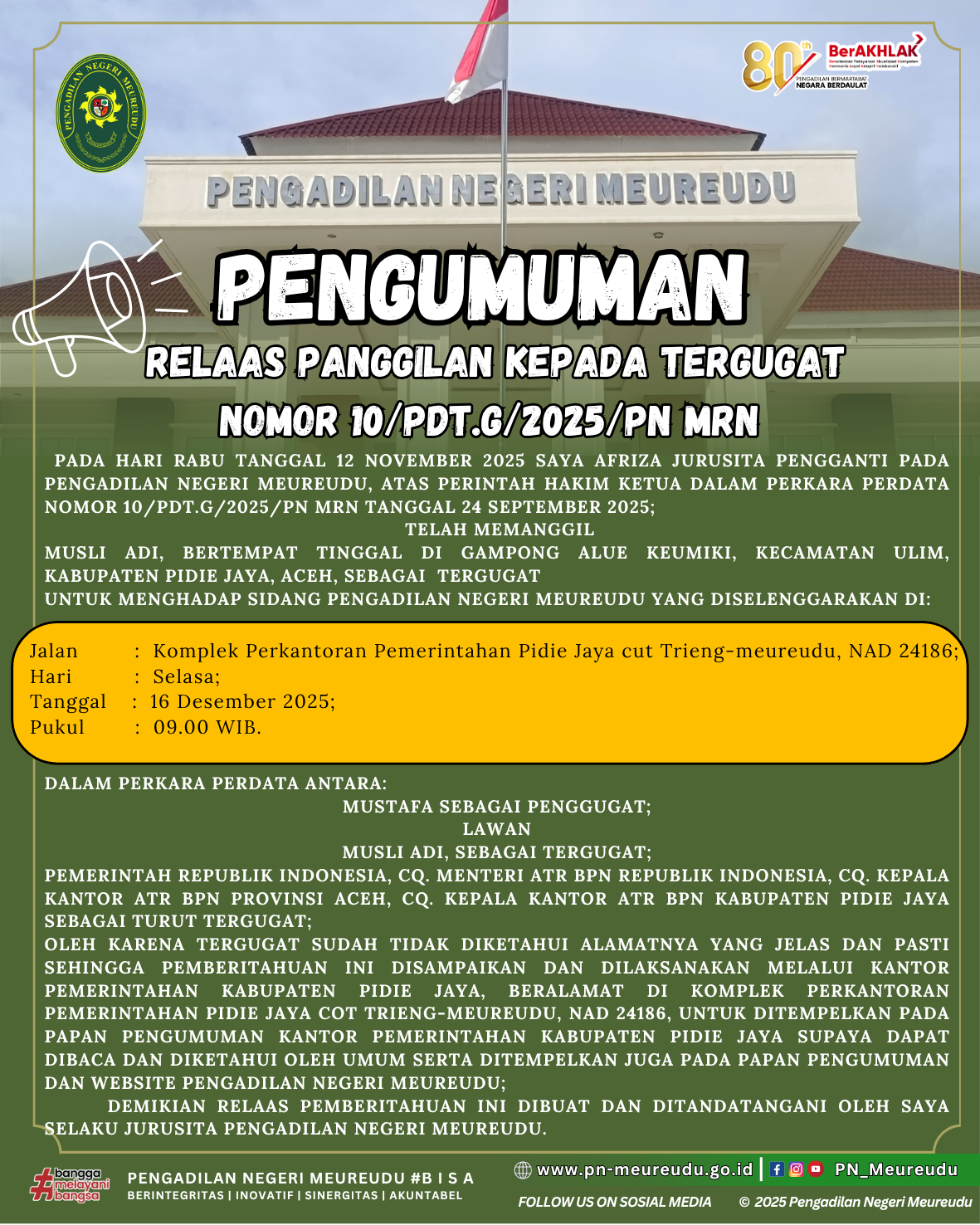 PANGGILAN UMUM KE II KEPADA TERGUGAT PERKARA NOMOR 10/PDT.G/2025/PN MRN.