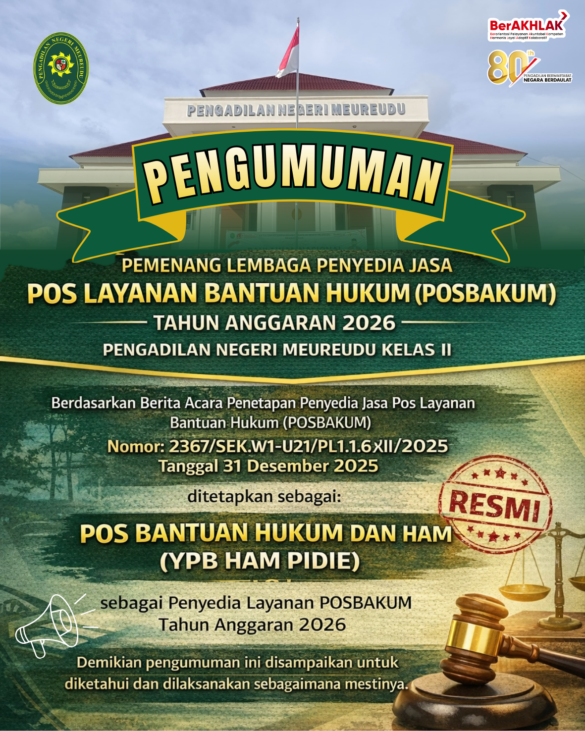 PENGUMUMAN PENETAPAN PEMENANG PENYEDIA LAYANAN POSBAKUM TAHUN ANGGARAN 2026