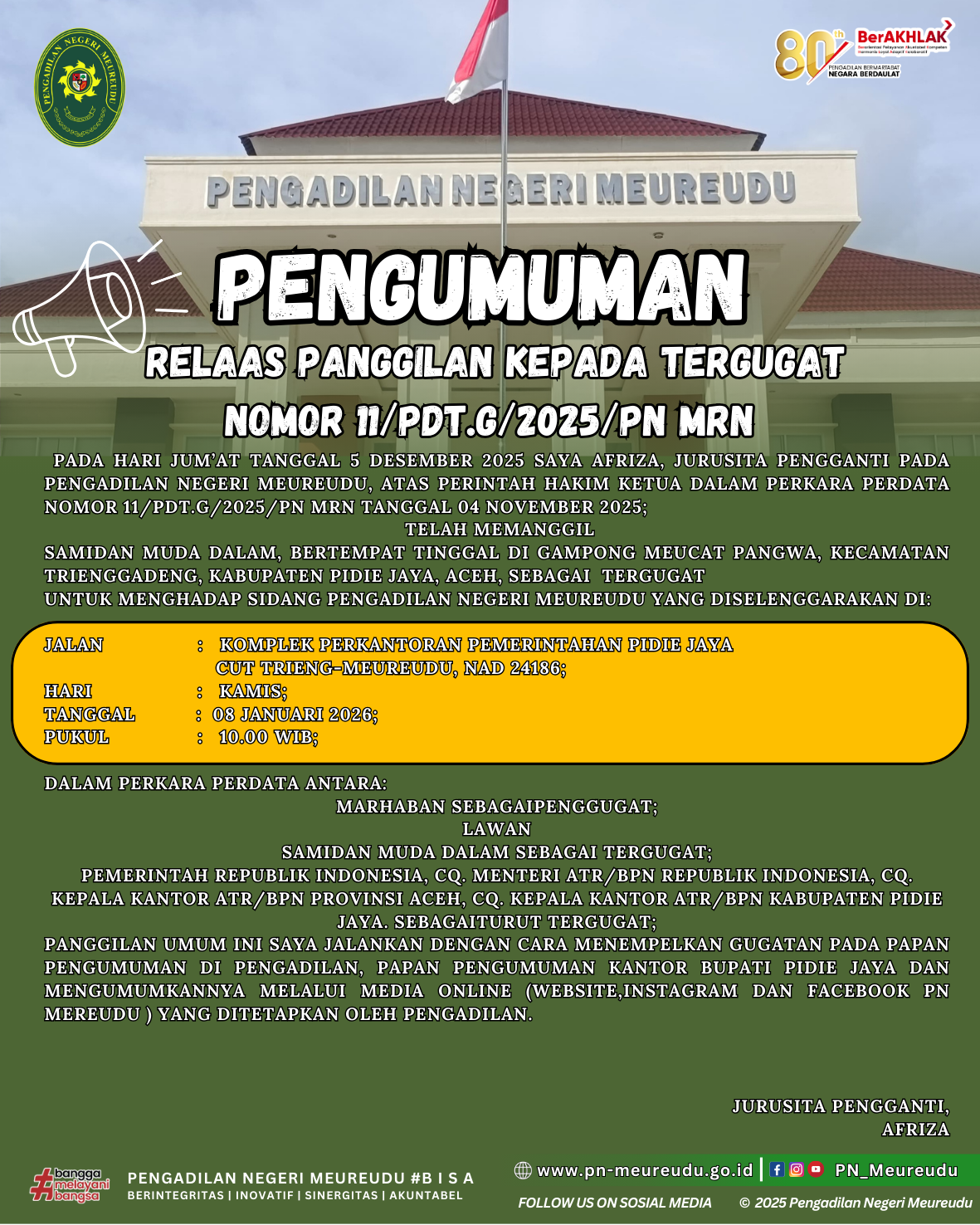 RELAAS PANGGILAN UMUM KEPADA TERGUGAT PERKARA NOMOR 11/PDT.G/2025/PN MRN.