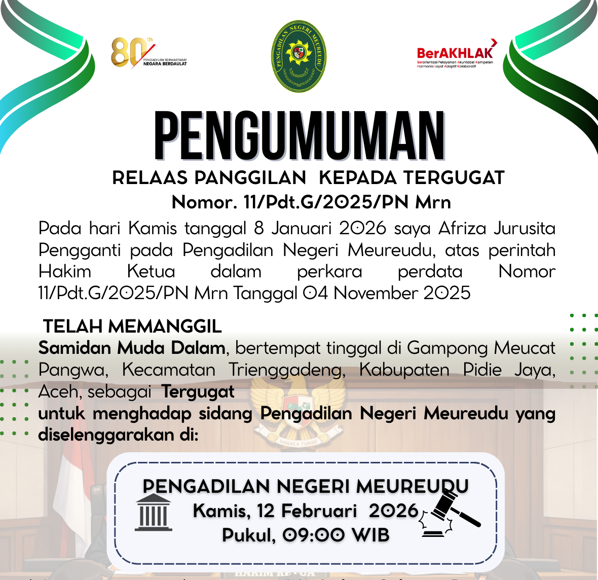 RELAAS PANGGILAN KEPADA TERGUGAT Nomor. 11/Pdt.G/2025/PN Mrn